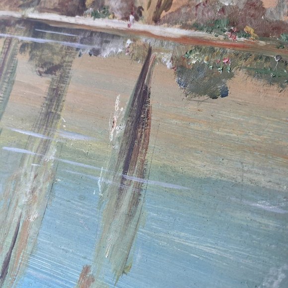 Vintage Original Oil painting Landscape Mountain Lake Trees Aqua Teal Blue Green - Picture 6 of 6